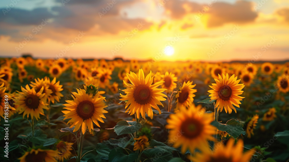 A sunflower field stretching to the horizon, with each sunflower turning towards the warmth of the setting sun. Sunflower, field, sunset