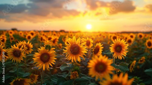 A sunflower field stretching to the horizon  with each sunflower turning towards the warmth of the setting sun. Sunflower  field  sunset