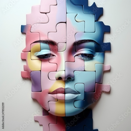 Creative composition with a profile woman's face composed of several puzzle pieces in pastel tones. Concept of feelings. Complex personality