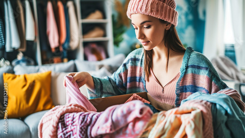 Woman sorting old clothes to donate, recycle and declutter photo