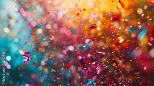 Party popper releasing a burst of colorful confetti and streamers. Birthday themed background