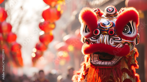 Chinese lion dance show on street in the Chinese New Year festival.Chinese lion costume used during Chinese New Year celebration.Holidays and celebrations concept. Generative AI 