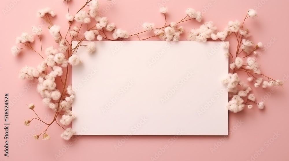 Greeting or invitation card mockup with dry flowers decorations on pink background. Generative Ai