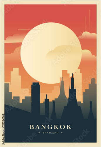 Bangkok city brutalism poster with abstract skyline, cityscape retro vector illustration. Thailand capital travel front cover, brochure, flyer, leaflet, business presentation template image