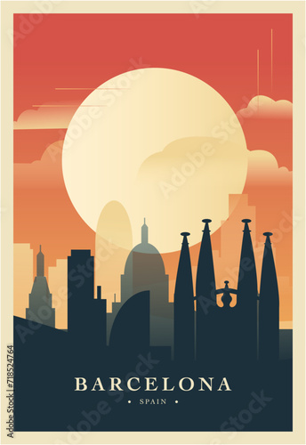 Barcelona city brutalism poster with abstract skyline, cityscape retro vector illustration. Spain big megapolis travel front cover, brochure, flyer, leaflet, business presentation template image