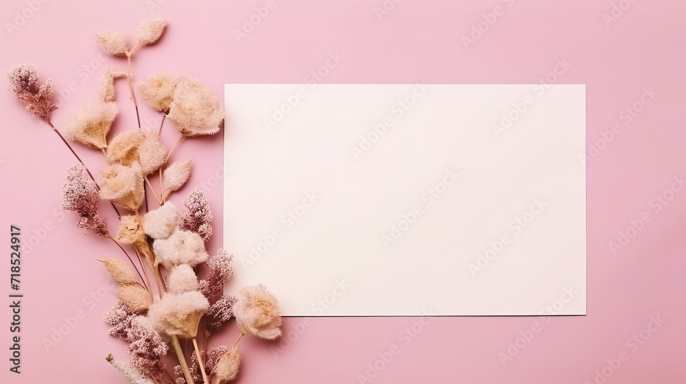 Greeting or invitation card mockup with dry flowers decorations on pink background. Generative Ai Greeting or invitation card mockup with dry flowers decorations on pink background. Generative Ai