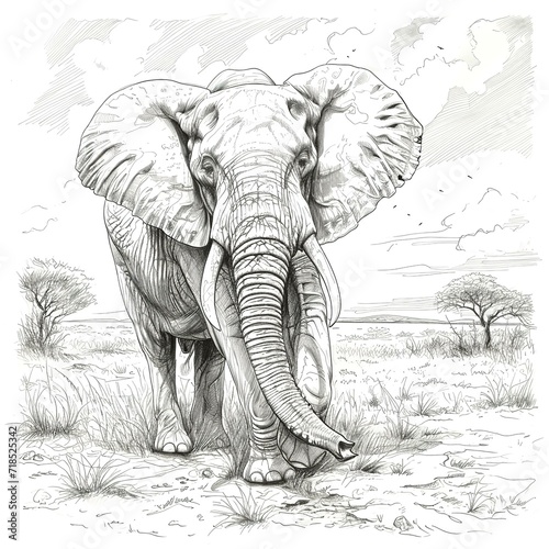 A majestic African elephant stands tall in a grassy field  its wrinkled hide textured in fine lines