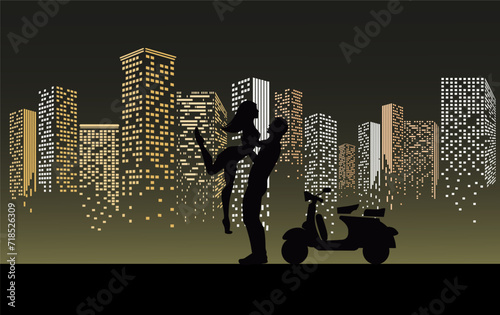 Silhouette romantic couple man lifting woman up in his arm with lightfull cityscape background. Concept Love destiny, relationships, first dating theme and Valentine's day. Vector illustration.