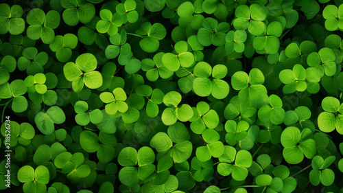 Forest filled with shamrocks background for St. Patrick's Day top view