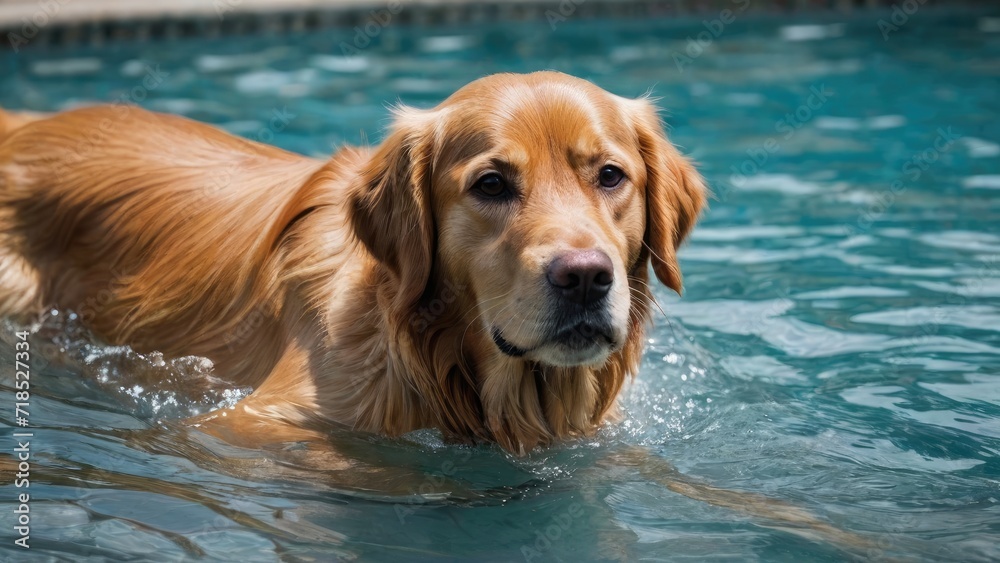 Dark golden retriever dog in the swimming pool