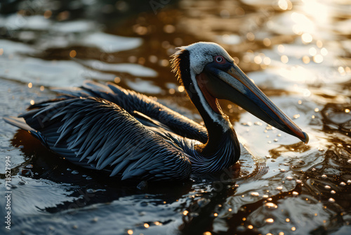 Pelican bird in the dirty polluted water. Environmental pollution concept