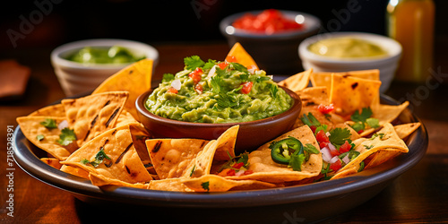 A bowl of spicy nachos with guacamole is the perfect appetizer or appetizer. Freshly prepared product for a tasty and pleasant taste.