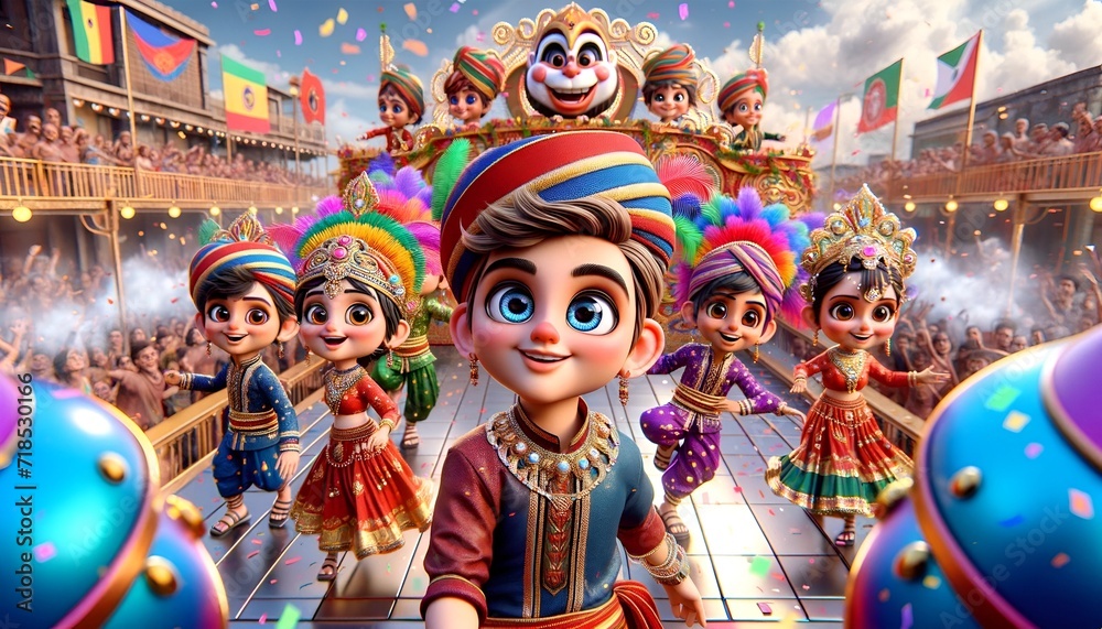 Cartoon illustration of the goa carnival with funny characters.