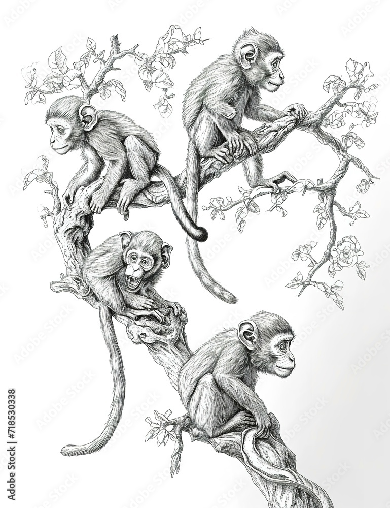 A detailed sketch of a monkey amidst lush foliage, capturing the essence of wildlife with intricate lines and shading A detailed sketch of a monkey amidst lush foliage, capturing the essence of wildlife with intricate lines and shading