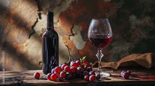 Red wine in a glasses on wood table. Image of alcohol. Copy space for text.