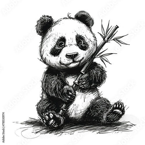 black-and-white sketch of a panda. The panda is seated in a relaxed position with its body slightly turned