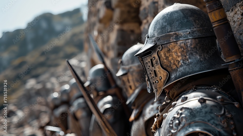 Close-Up View of Medieval Knights in Armor Standing in Formation with Helmets and Spears, Rocky Terrain Background