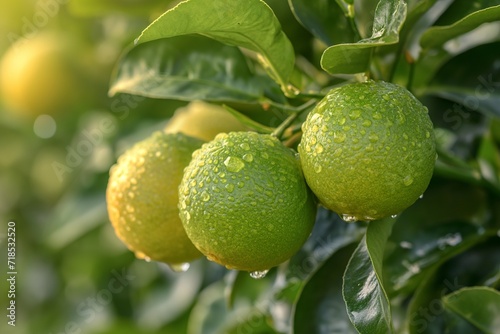 A cluster of just plucked Green lime fruits dangles from the tree. Lemons are a type of tiny evergreen that produces dew.