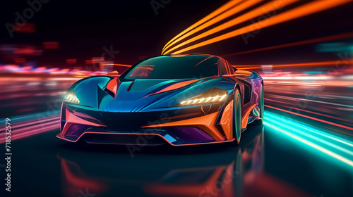 3D speeding sport car on highway powerful acceleration 