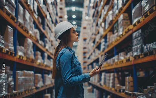 Female Worker Wearing Hard Hat Checks Stock in the Retail Warehouse full of Shelves with Goods.