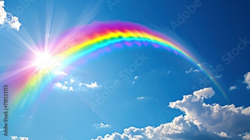 A colorful rainbow is shining brilliantly in the blue sky