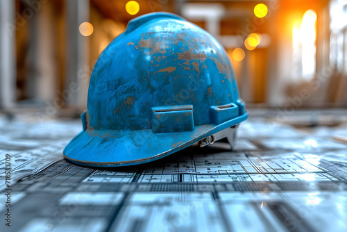 Safety First: Construction Safety Helmet Resting on Building Plan photo