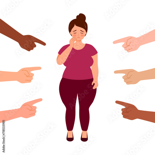 People fingers pointing at fat woman flat vector illustration. Society blaming and bullying depressed obese girl. Obesity, social pressure concept.