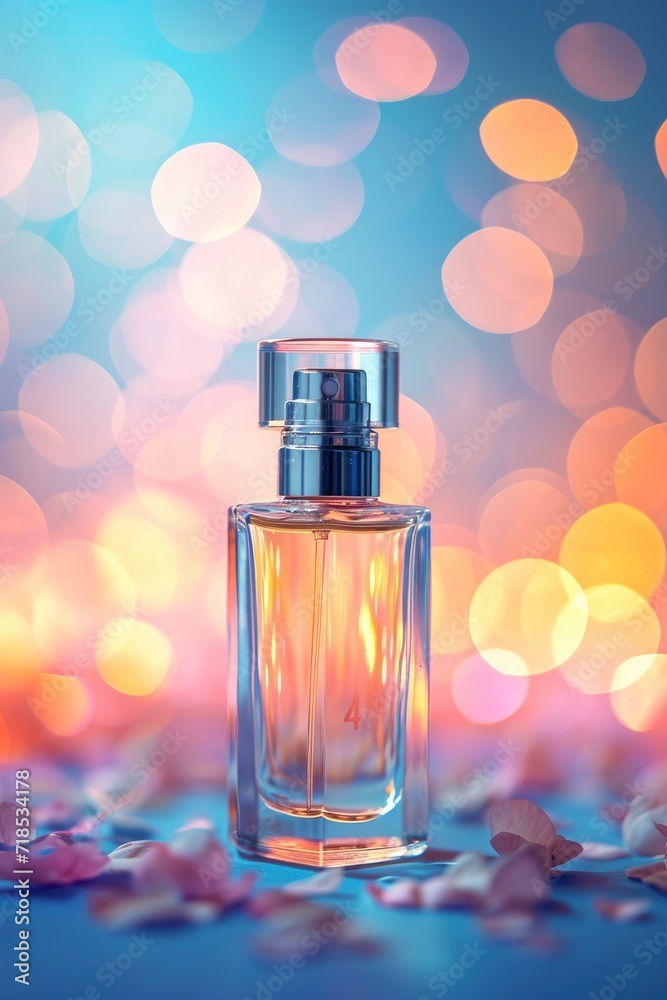 Fragrance for cosmetic ad on bokeh background. Makeup Product Advertisement.