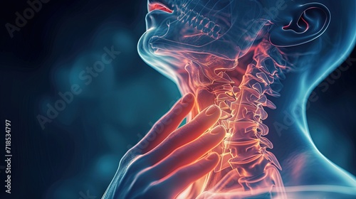 A person holding on to sore throat, lesion in tonsils, throat disease, acute respiratory viral infection, tracheitis, season of viral activity. 3D rendering, X-Ray	technologies