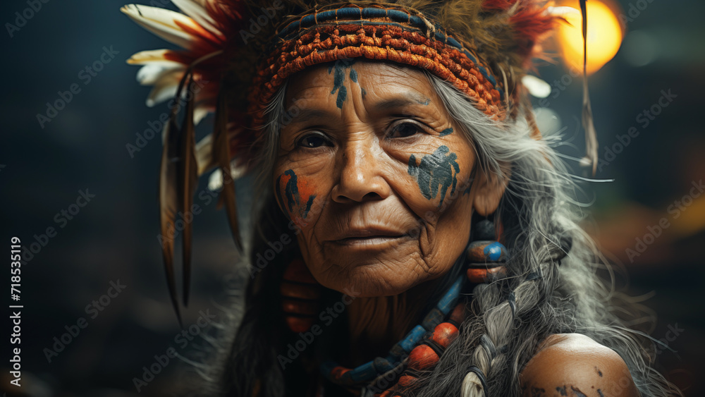 Portrait of old indigenous woman shaman, old woman belonging to indigenous ethnic group of the South American Amazon. Portrait of an indigenous face with its typical ornaments