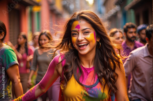 beautiful woman enjoying The Hindu festival Holi, india