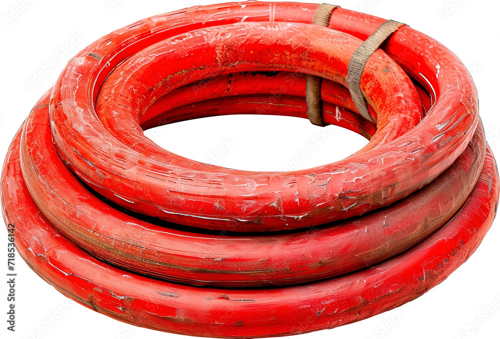 A red garden hose, an essential outdoor watering tool. isolated on transparent background. PNG A red garden hose, an essential outdoor watering tool. isolated on transparent background. PNG