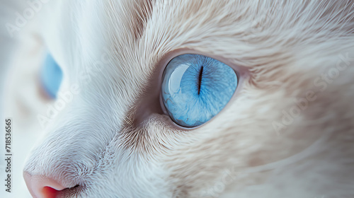 A photograph of a close-up on the piercing blue eyes of a white cat. Generative AI illustration 