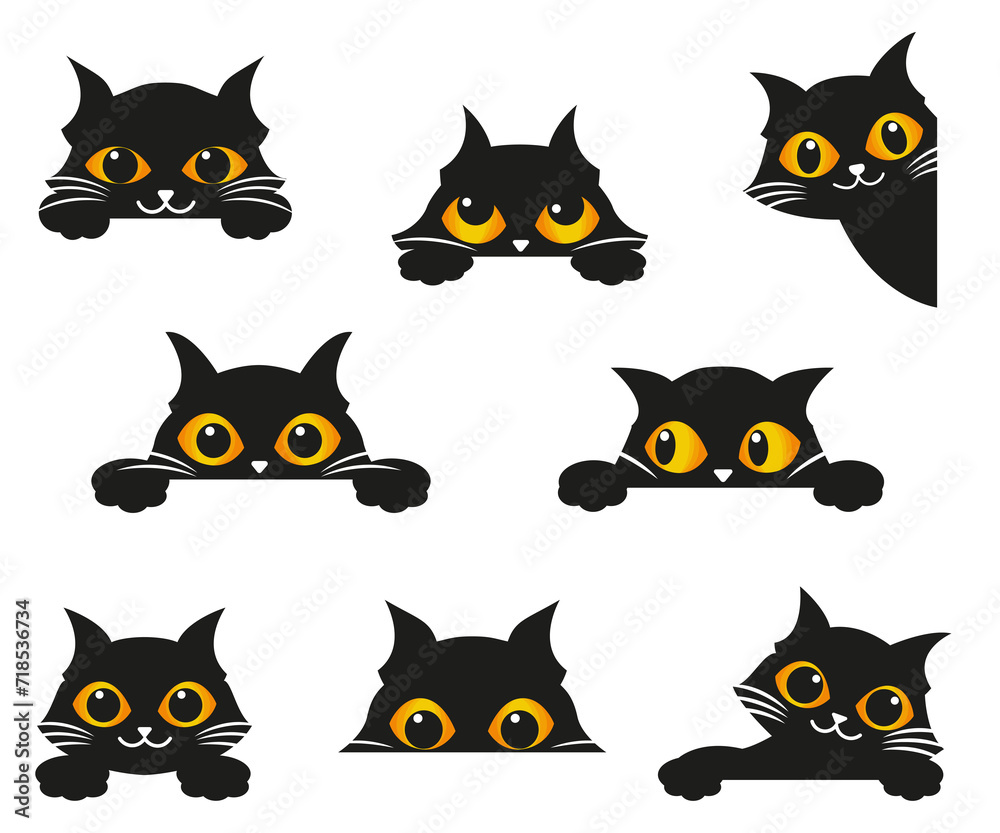 Obraz premium Black cats peeking out window, funny kittens face, curious cat head character, cartoon design vector