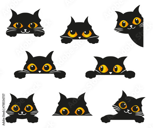 Fototapeta Naklejka Na Ścianę i Meble -  Black cats peeking out window, funny kittens face, curious cat head character, cartoon design vector