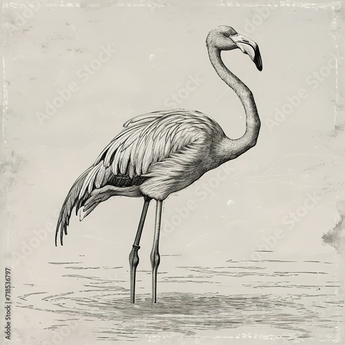 grayscale drawing of a flamingo standing in water. The flamingo is intricately sketched showing detailed feathers and features