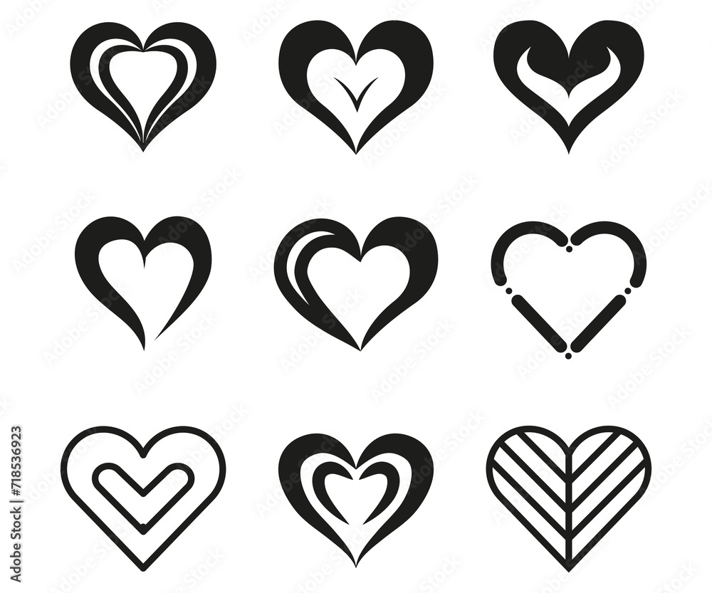 Heart collection, heart shapes abstract, romance icons, love doodles vector illustration