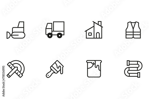 Construction equipment icon set, tractor, loader, paint, machinery, line art vector illustration