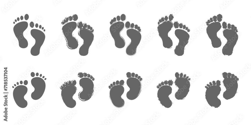 vector set of footprints, bare footprints, baby footprints with various grunge drawing options vector set of footprints, bare footprints, baby footprints with various grunge drawing options