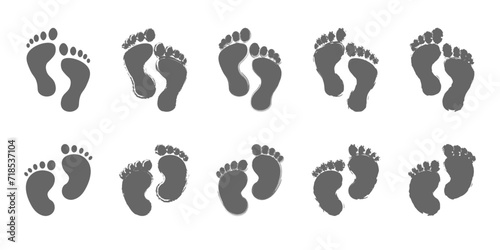 vector set of footprints, bare footprints, baby footprints with various grunge drawing options