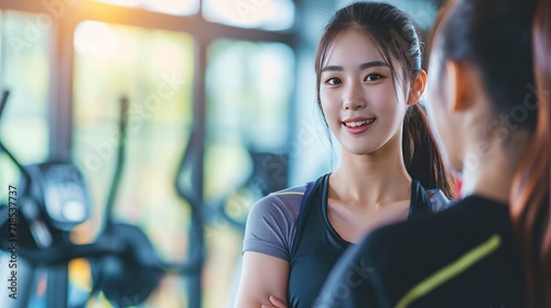 Young korean woman working with trainer at gym photo