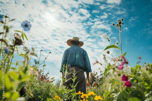 person in the middle of a flower-filled field under a partly cloudy sky