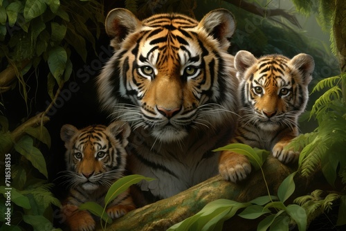 Tiger With her family  Ferocious tiger family in nature  Ai generated
