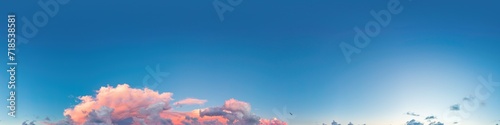Sunset sky panorama with bright glowing pink Cumulus clouds. HDR 360 seamless spherical panorama. Full zenith or sky dome for 3D visualization, sky replacement for aerial drone panoramas. photo