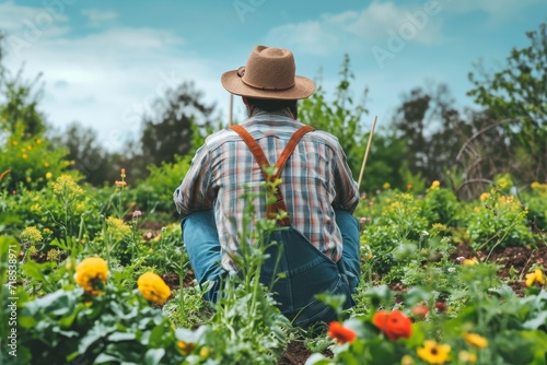 person is wearing a straw hat and is dressed in a plaid shirt with suspenders and jeans