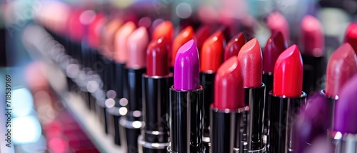 Makeup Product Advertisement. Close-Up Shot of Various Lipsticks Displayed in a Row in Store