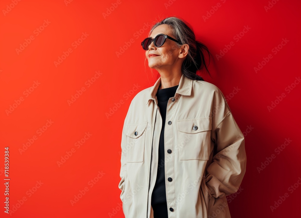 Middle Aged Asian Woman on Red with Sunglasses created with Generative AI Technology, ai, generative Middle Aged Asian Woman on Red with Sunglasses created with Generative AI Technology, ai, generative