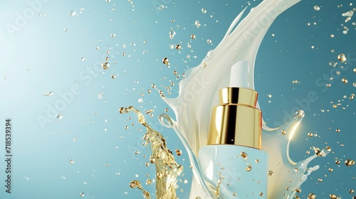 Bottle of Gold Skin Care Liquids Splash. Concept of a Cosmetics Bottle. Makeup Product. Advertising Mock Up