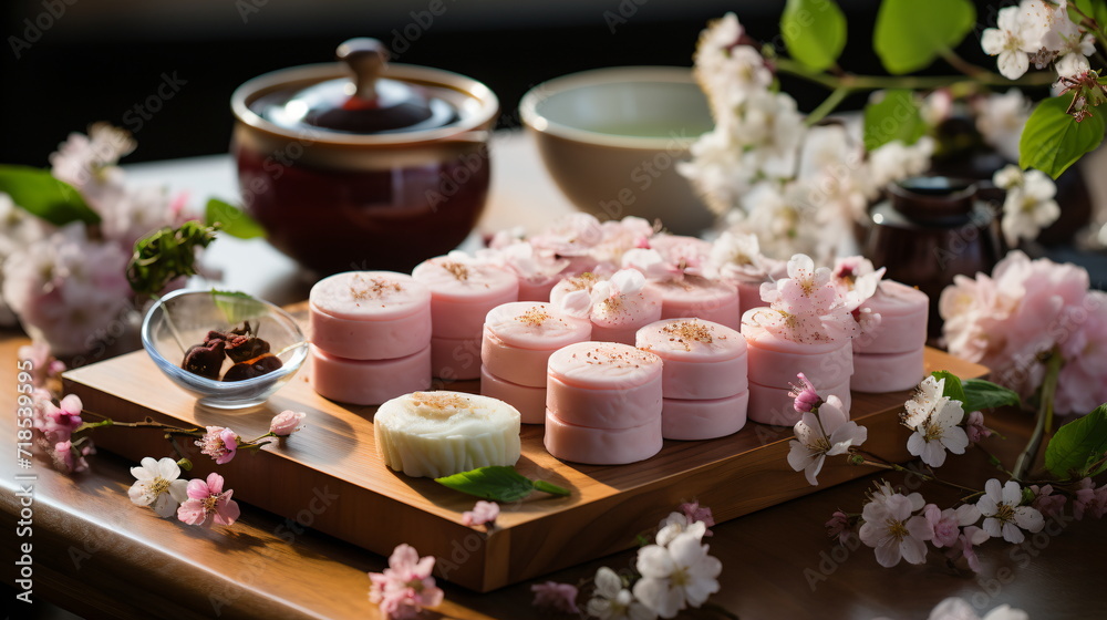 Japanese dessert mochi with matcha green tea powder and cherry, japanese tea ceremony