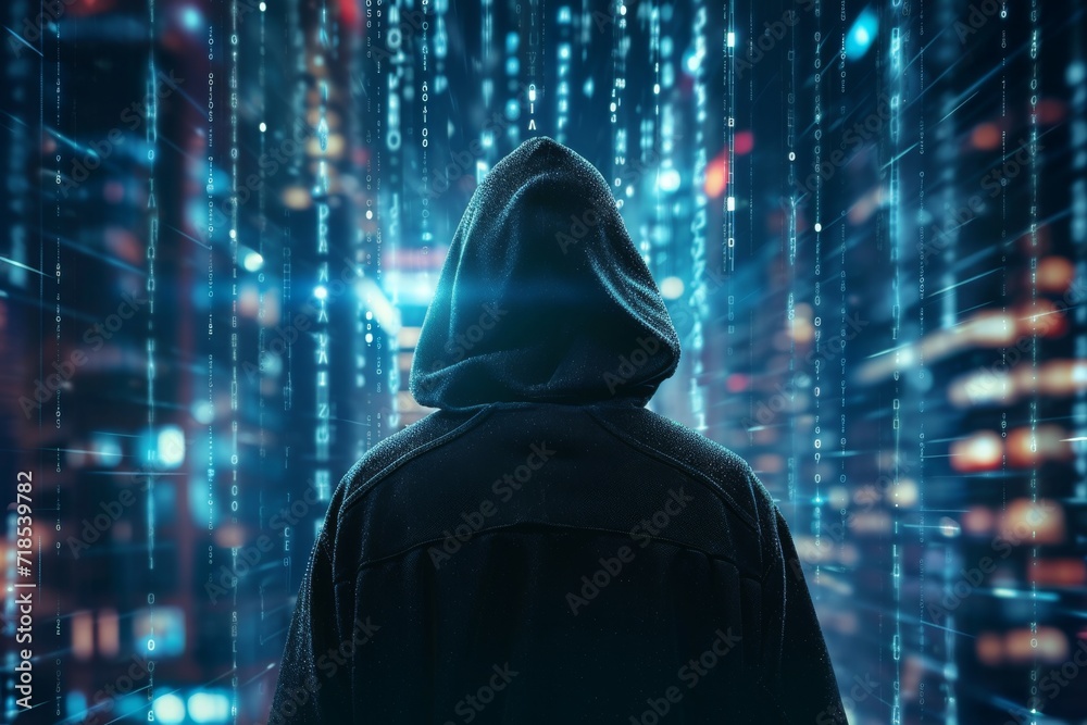 person in a hoodie standing amidst a vibrant and dynamic digital cityscape person in a hoodie standing amidst a vibrant and dynamic digital cityscape